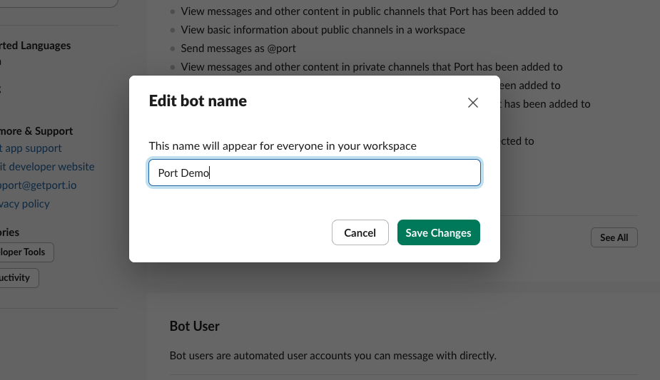 Edit Bot Name Modal in Slack